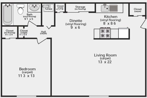 Floor plan for 1 bed, 1 bath, 710 sqft